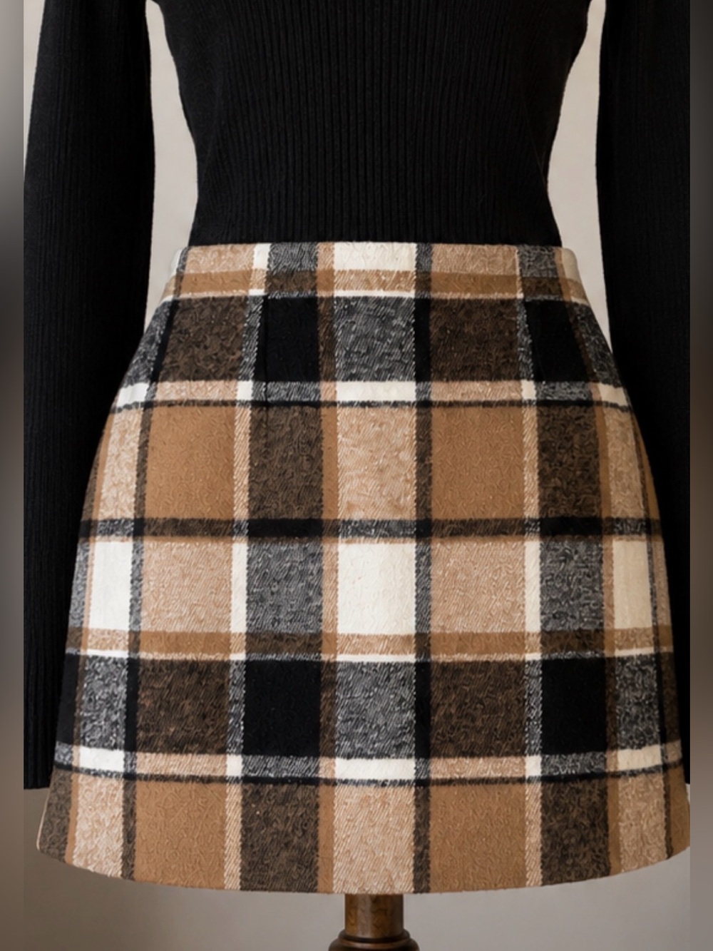 Auruza Plaid A-Line Mini Skirt Tan Black Cream Preppy Academia Cottagecore L